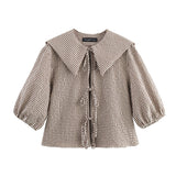 New Women's Plaid Lace Up Shirts Blouses Fashion Turn Down Neck Blouse Top Women Casual Cute Sweet Long Sleeve Blouses Clothes