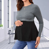 Pbong  Pregnant Women's Fashionable Solid Color Round Neck Splicing Long Sleeved T-shirt Soft Comfortable Pregnant Breastfeeding Top