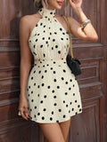 Pbong  Cream Polka Dot Halter Neck Mini Romper with Flared Skirt