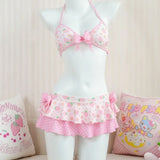 Pbong  Japanese Sweet Kawaii Summer Beach 2 Piece Sets Y2k Aesthetic Fashion Fruit Print Ruffle Bikinis Set Bow Appliques Punk Clothes