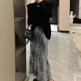 French Velvet Fishtail Skirt Sequin Beaded Embroidery Skirt Elastic Waist A Line High Waist Skirts for Woman Faldas Para Mujeres