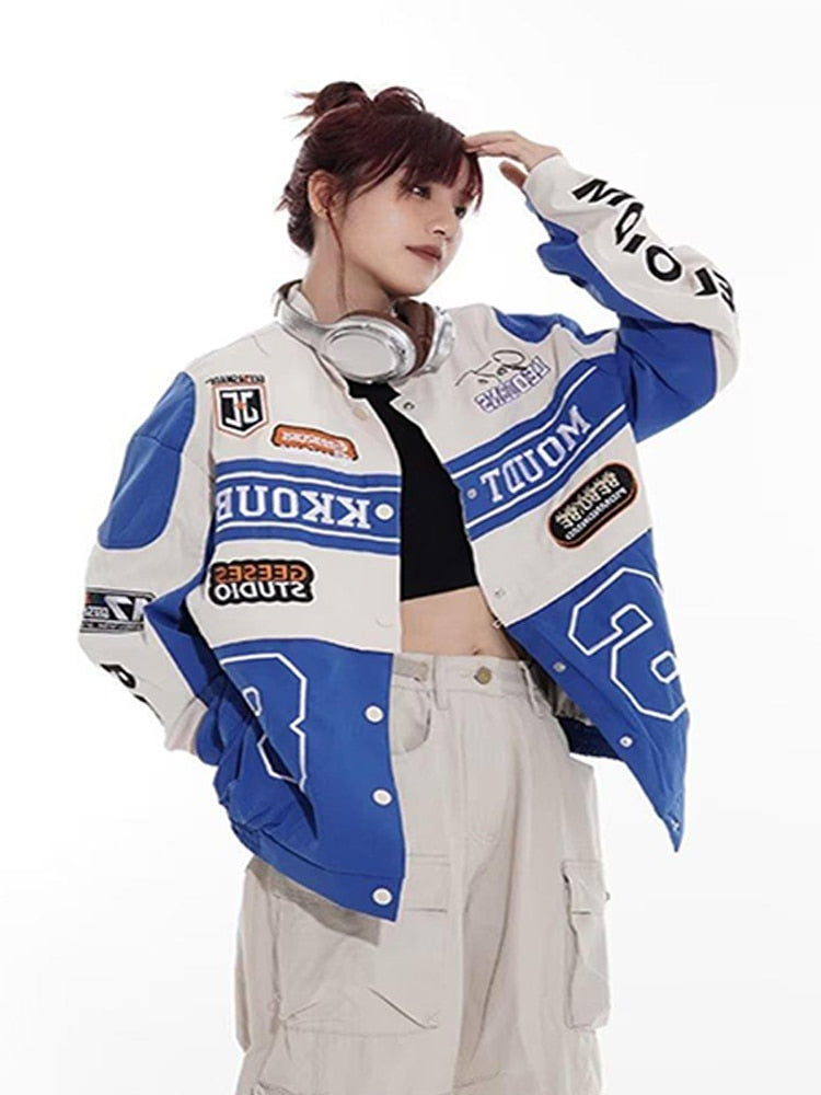 Y2K Removable Motorcycle Jackets Women American Vintage Oversize Coats Female Harajuku Racing Outwears Ladies