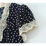 Pbong  Women Navy Blue Polka Dot Long Dress Lace Trim V Neck Short Sleeve A-line Elegant Holiday Dresses Summe Maxi Robe