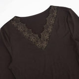 Pbong  New Winter Women's V-neck Lace Trim Splice Waist-cinching Belly-baring Trendy Street Style Long Sleeve Polyester T-shirt