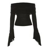 Fashion sexy slash-neck neck backless long sleeve T-shirt for women spring autumn solid color slim stacked trumpet sleeve tops