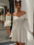 V-neck Long Sleeved Sexy Short Dress Knitted Autumn Winter Solid Color A-line Backless Pleated Women Dresses Fall Fashion