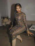 See Through Women Dress Leopard Print Women Thin o-Neck Full Sleeve Summer Midnight Clubwear Party Stretch Maxi Bodycon