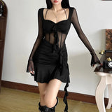 Pbong  Skinny High Waist Mesh Full Sleeve Waistless Mini Dresses Summer Women Dress New Strapless Solid Sexy Mini Ruffle Wrapped Dress