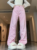 Pbong  Women Pink Plaid Pant High Waist Loose Vintage Korean Wide Leg Trousers Casual Pockets Sweet Female Retro Summer Pants New