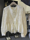Chinese Style Shirts Embroidery Solid Color Ruffles Long Sleeve V Neck Button Blouses Fashion Elegant Vintage Women's Clothing