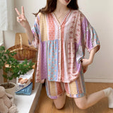 Pbong  Loose Floral Printing Pajama Set Summer New Women Night Wear Pj Set Half Sleeve Knee V-neck Sleepwear Femme Nightie