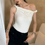 Off Shoulder Slim Fit Twist Top For Women Sexy Solid Fashion Sleeveless Patchwork Pullover Short T shirt Female Summer