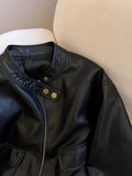 Vintage Biker Women Pu Jackets Streetwear Casual Long Sleeve Y2K Coat American Retro Pockets O Neck Fall Winter Outwear Tops New