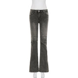 Pbong  Street Fashion Do Old Slimming Micro Flared Jeans Vintage Low Rise Folds Grey Pockets Full Length Trousers Fashion Denim Pants