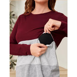 Pbong  Pregnant Women's Soft and Comfortable Round Neck T-shirt Trendy Loose Breastfeeding Striped Color Blocked Long Sleeved Top