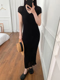 2025 Short Sleeve Stripe Knit Long Dress V-neck Thin Hollow Out Casual Dress High Stretchy Summer Vacation Beach Female Cloth