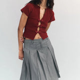 Pbong  Y2K Vintage Open Front Buckles T-shirt 00s Retro V-Neck Short Sleeve Basic Tee Korean Preppy Cute Slim Fit Crop Tops
