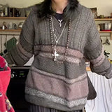 2000s Vintage Sweater Y2K Women Casual Striped Long Sleeve Round Neck Preppy Style Pullover Tops Retro Grunge Knitwear