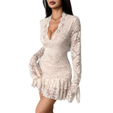 Pbong  New Autumn Sexy Deep V-neck Lace Patchwork Dress Fashionable Solid Color Long Sleeved Slim Dress  Women's Short Dress
