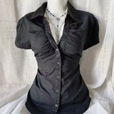 Pbong  Dark Gothic Lolita Slim Women Shirts 2000s Japanese Solid Elegant Tops Y2k Harajuku Vintage Hot Girl Short Sleeve Blouses Summer