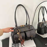 Pbong  Black Glossy Boston Underarm Bag with Pearl Bow Women's Daily Commuter Purse