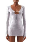 Sexy V Neck Lace-up Sequins Mini Dress Women Silver Gray Sequined Sheer Boaycon Dress Spring Elegant Party Evening Club Dresses