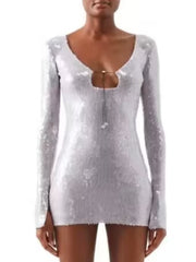 Sexy V Neck Lace-up Sequins Mini Dress Women Silver Gray Sequined Sheer Boaycon Dress Spring Elegant Party Evening Club Dresses