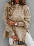 Chunky Knitted Mock Neck Sweater Side Slit Long Sleeve Pullover Female Knitwear Autumn Winter Women Casual Chic Outfit