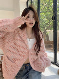 Mohair Sweet Pink Cardigan Sweater Women Elegant Lazy Wind Chic Knitted Coat Loose Long Sleeve Fashion High Quality Tops