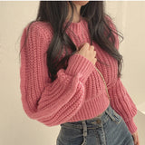 Korean Loose Long Sleeve Sweaters Fashion Women Harajuku Lantern Knit O-Neck Solid Basic Jumpers Autumn Winter Soft Warm Sweater