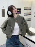 Streetwear Y2K Cropped Cargo Jacket Women Vintage Loose Pockets Harajuku Short Coat American Casual Fall O Neck Long Sleeve Tops