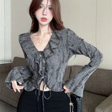Fashion All Match Sweet V Neck Ruffle Long Flare Sleeve Clothing Harajuku Punk High Street Cardigan American Vintage Y2k Tees