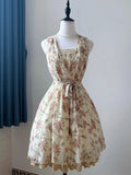 Summer Japan Style Sweet Print Slim Strap Dress 2000s Lace Patchwork One Piece Dress Korean Harajuku Vintage Beach Party Dress