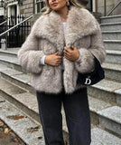 Women Fashion Cropped Faux Fur Jacket Coat Long Sleeve Front Snap-button Female Outerwear Chic Lapel Collar Thick Coat