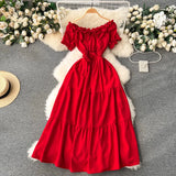 Pbong  Summer Vacation Slim Elastic Waist Long Dress Women Elegant Off Shoulders Big Swing Maxi Beach Dress Party Robe Femme