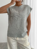 Elegant 3D floral pattern round neck knitted sweater vest for women's clothing