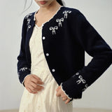 Cute Contrast Bow Sweater Cardigan Women's Autumn Winter Long Sleeve Single Breasted Knit Jacket Tops Korean Sweet Outfit
