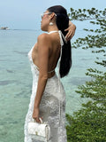 Deep V Neck Halter Beach Vacation Dress For Women Jacquard Hollow Long Dress New Summer Female Bodycon One Step Dresses