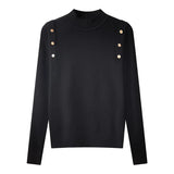 Gold Button Mockneck Sweater Women Pullovers Long Sleeve Turtleneck Soft Rib Knit Fit Jumper Warm Tops Fall Winter Basic Outfit