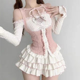 Pbong  Chic Japanese Style Kawaii Clothing 3 Piece Skirts Set Women Bodycon Slim Even Party Clothing Autumn Lolita Suits Y2k Crop Tops