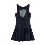 Sleeveless A-line Pleat Denim Short Dress New Navy Blue O Neack Zipper Fashion Summer Dress Streetwear Woman Clothing