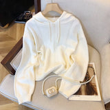 Pointelle Knit Hooded Sweater for Women Long Sleeve Pullover Sweater Hoodie Cosy Knitwear Teen-girl Autumn Winter Casual Outfit