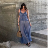 Purple Blue Lace Tank Top Long Skirt Vacation 2 Piece Set Ruffle Vest + A-line Skirt Thin Transparent Fashion Summer Outfit