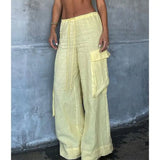 Pbong  Women's Y2K Cargo Long Pants Solid Color Drawstring Elastic Low Waist Wide Leg Trousers with Multi Pockets Streetwear
