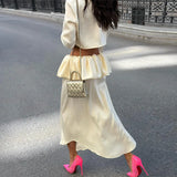 Pbong   Elegant Solid Top Skirt Women's Set Fashion O-neck Button Long Sleeve Blouse Ruffles Skirts Summer Autumn Vacation Lady New