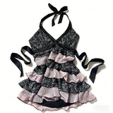 Y2K Women's Daily Backless Clothing Sexy Casual Halter Tops Tight Fitting Lace Maiden Sleeveless Cool Girls Personality Camisole