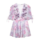 Fairy Fashion Sweet Elegant French Deep V Neck Short Sleeve Dress Constrast Color Flower Print A-line Clothe Chiffon Women Dress