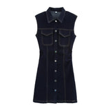 Turn Down Collar Sleeveless Denim Dress Single Breasted Short Dress For Women New Tight Navy Blue Summer Dresses Vestidos