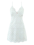 Pbong  White Cozy Homewear Lace Trim Polka Dot Mini Slip Dress for Women Slim Satin Fabric Nightgown for Pajama Parties