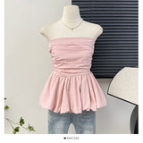 French One Shoulder Pleated Slim Tube Top Women Sexy Waist Ruffled Sleeveless Vests Summer Y2k Solid All Match Tanks